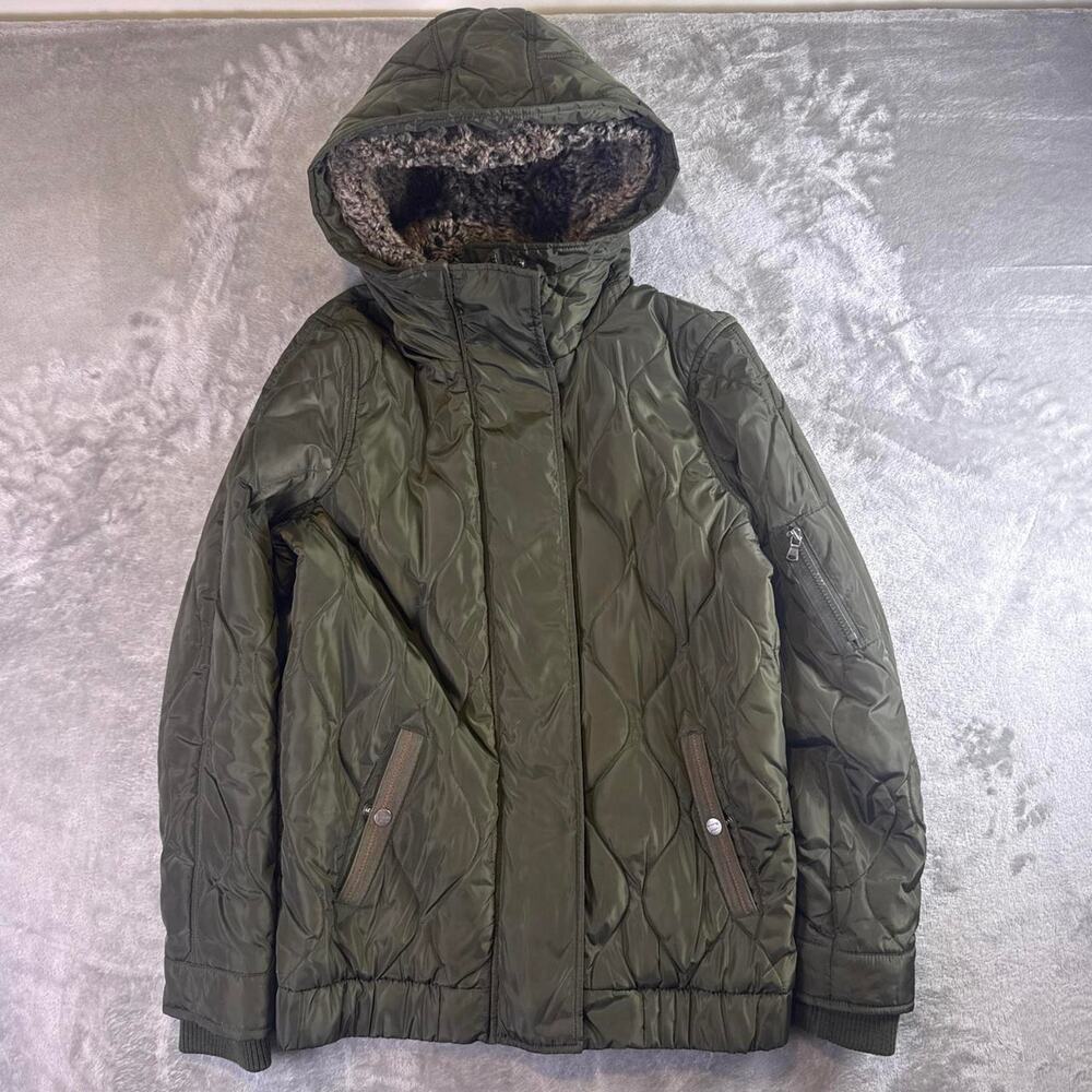 Levi’s Olive Quilted Jacket Faux Fur Hood Military Style Coat Women’s Medium